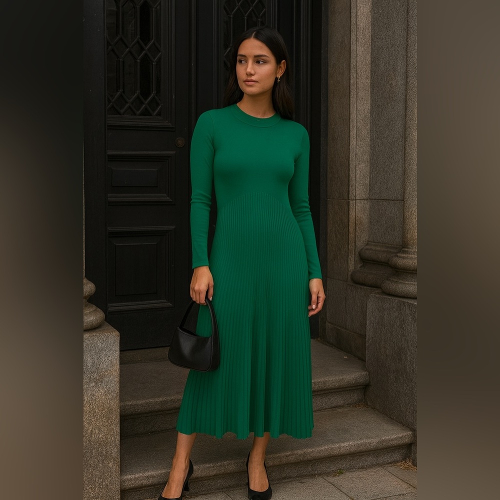 Zara Emerald Green Long Sleeve Pleated Midi Dress